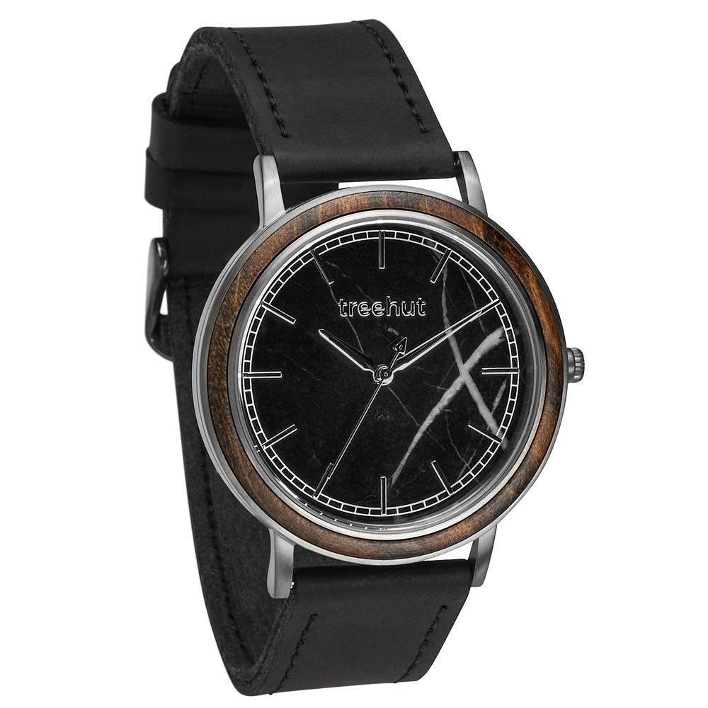 bay treehut black marble watch for men with walnut wood and black leather band