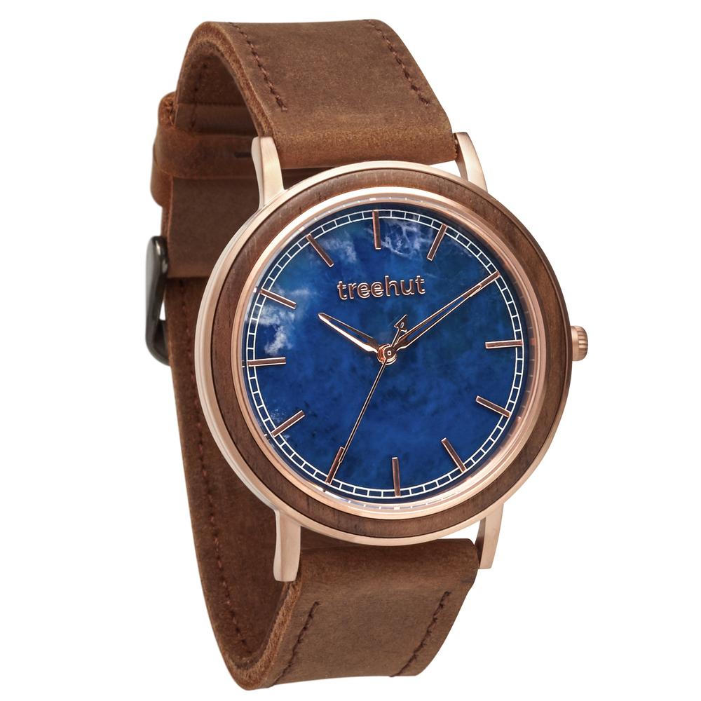 bay treehut blue marble watch for men with walnut wood and brown leather band