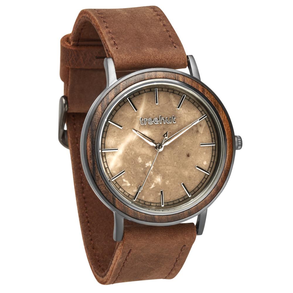 bay treehut brown marble watch for men with walnut wood and brown leather band