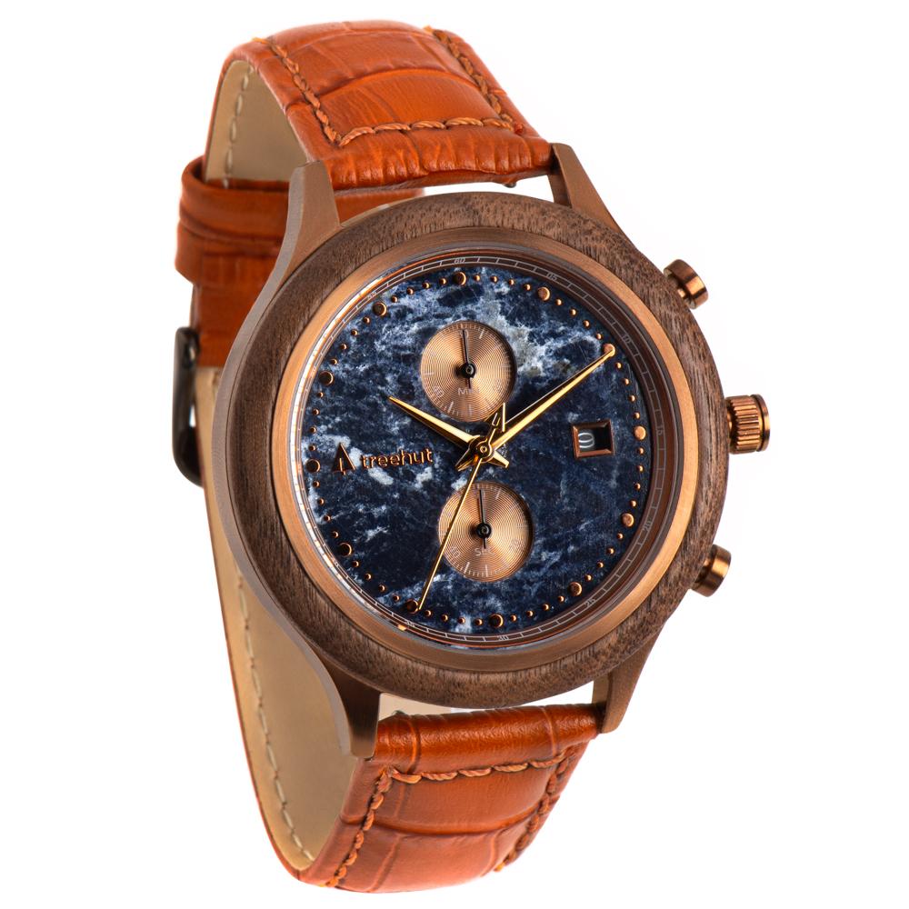rise treehut blue marble watch for men with walnut wood and bronze case and cognac crocodile leather band