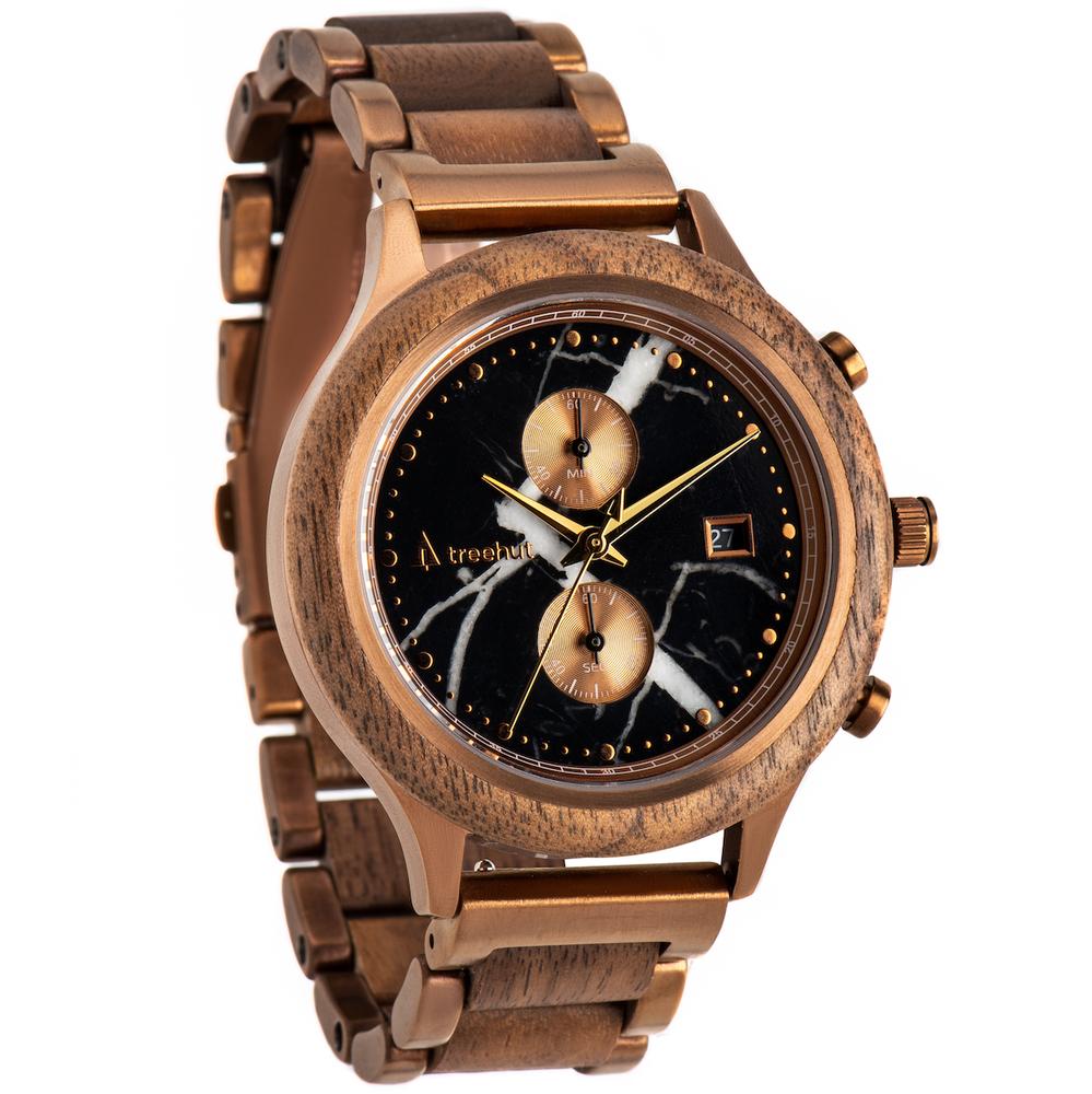 rise treehut black marble watch for men with walnut wood and bronze metal band
