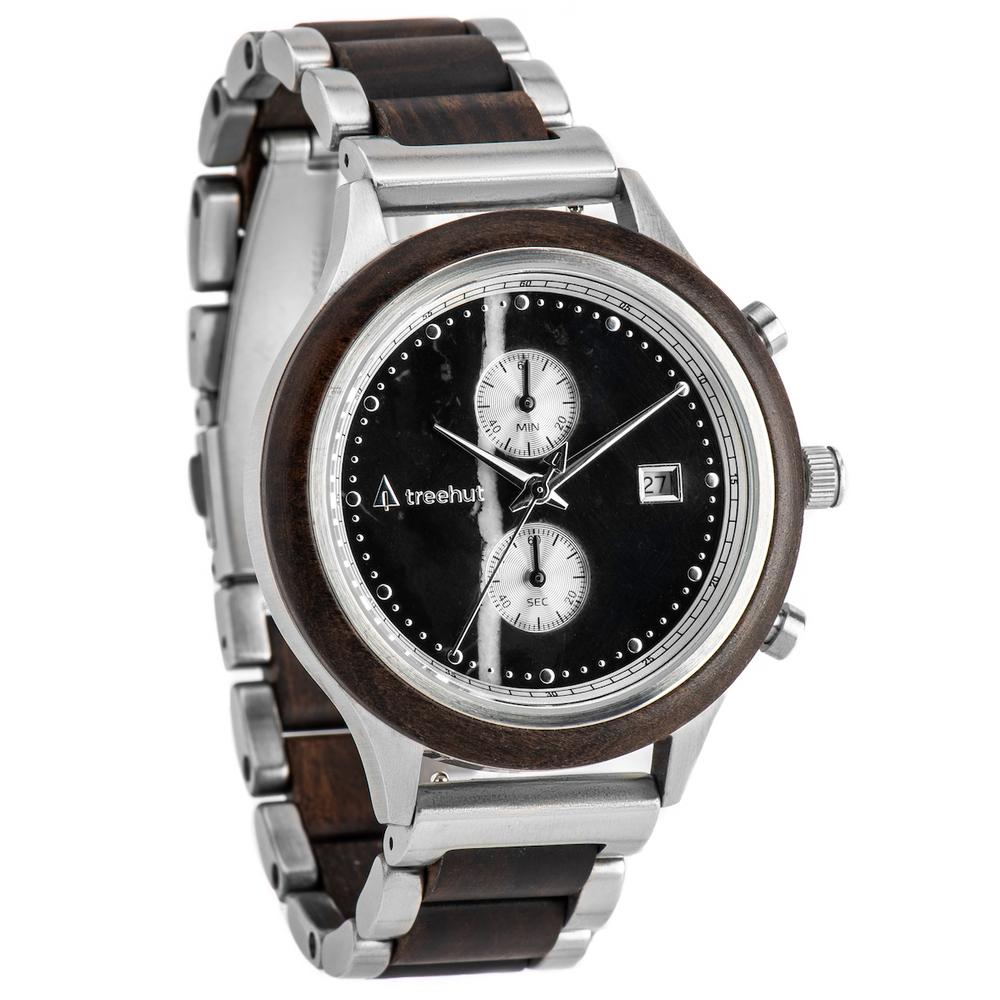 rise treehut black marble watch for men with ebony wood and steel metal band