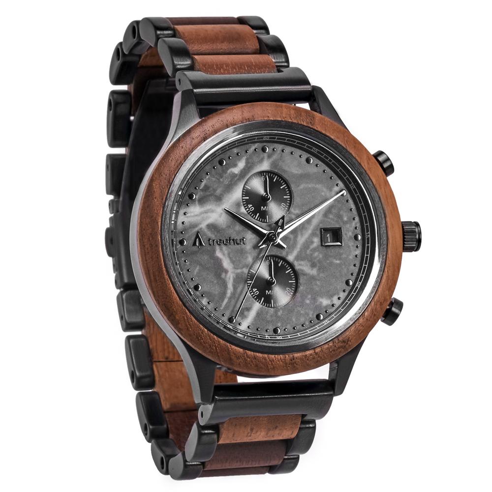 rise treehut gray marble watch for men with walnut wood and metal band