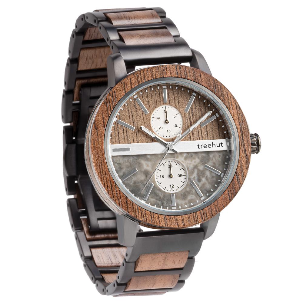 tao treehut gray marble watch for men with walnut wood and black steel band