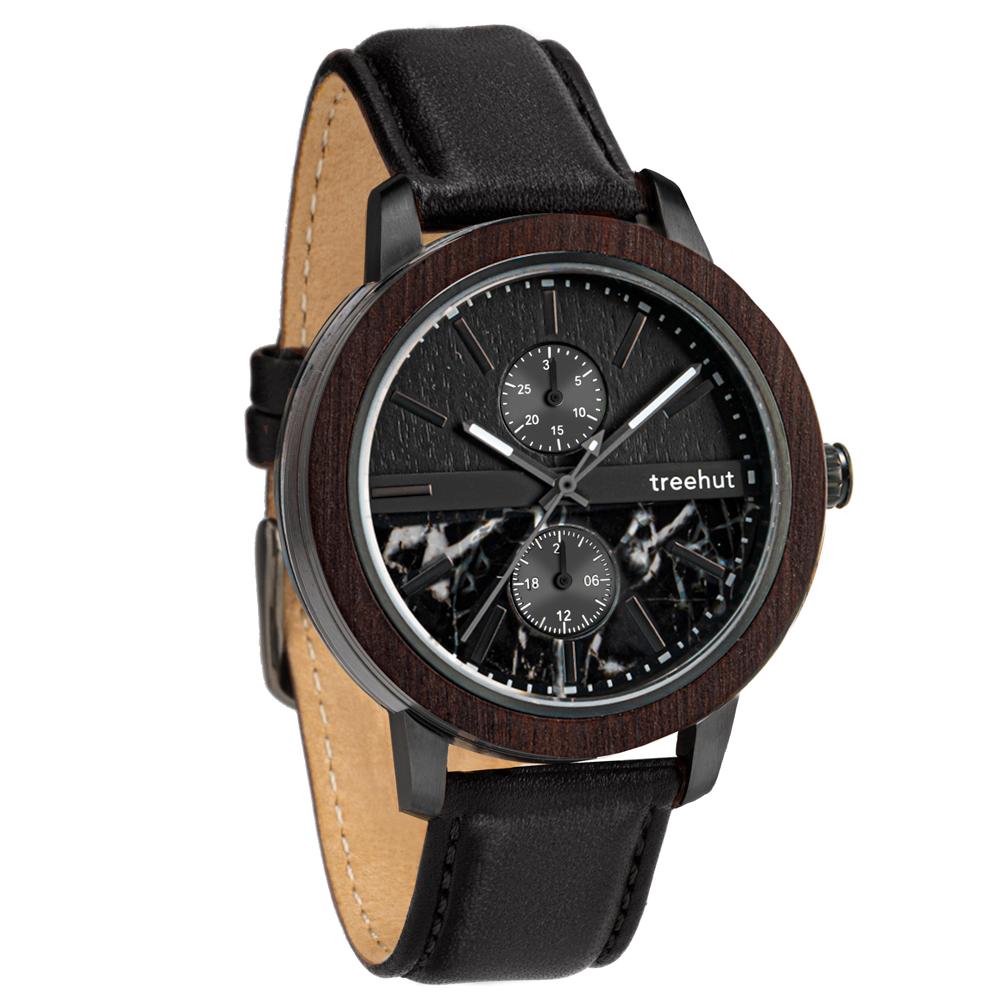 tao treehut black marble watch for men with wood and black leather band
