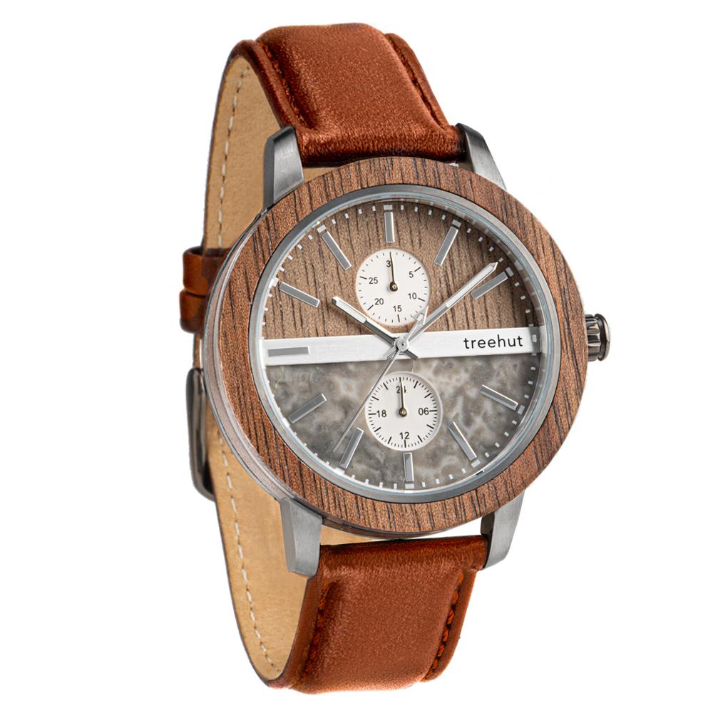 tao treehut grey marble watch for men with walnut wood and cognac leather band