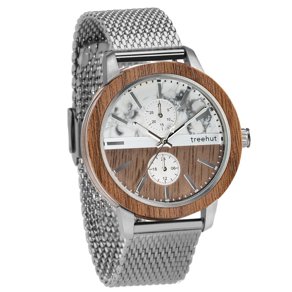 tao treehut gray marble watch for men with walnut wood and silver mesh band