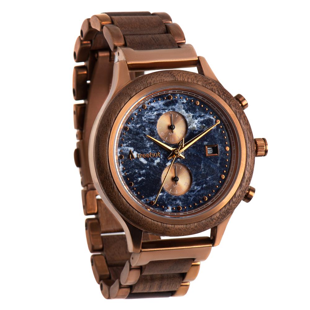 rise treehut blue marble watch for men with walnut wood and bronze metal band