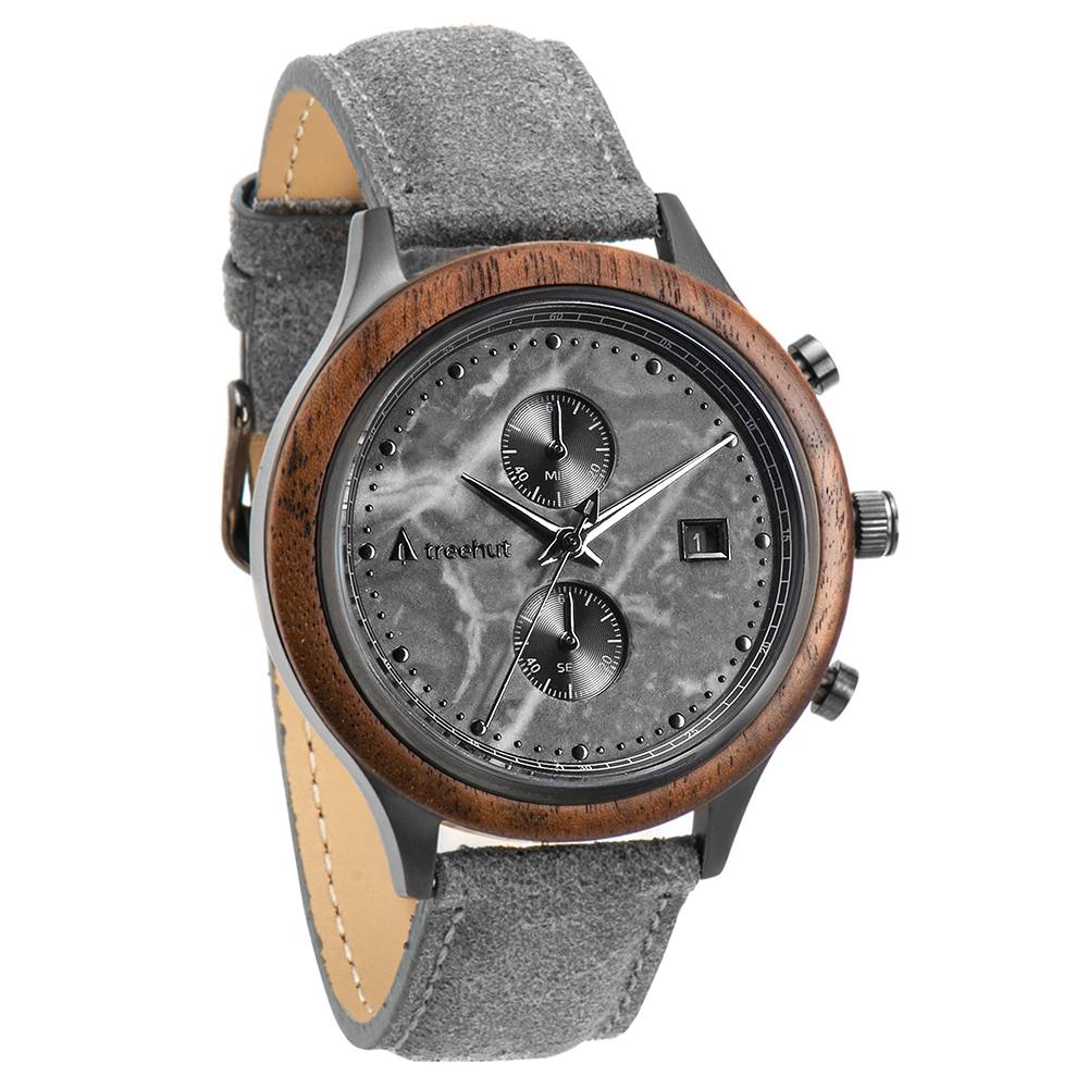 rise treehut gray marble watch for men with walnut wood and gray leather band