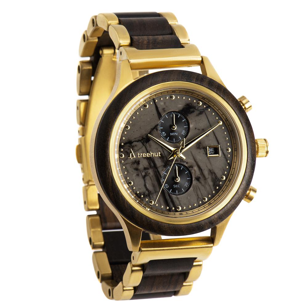rise treehut gray marble watch for men with ebony wood and gold metal band